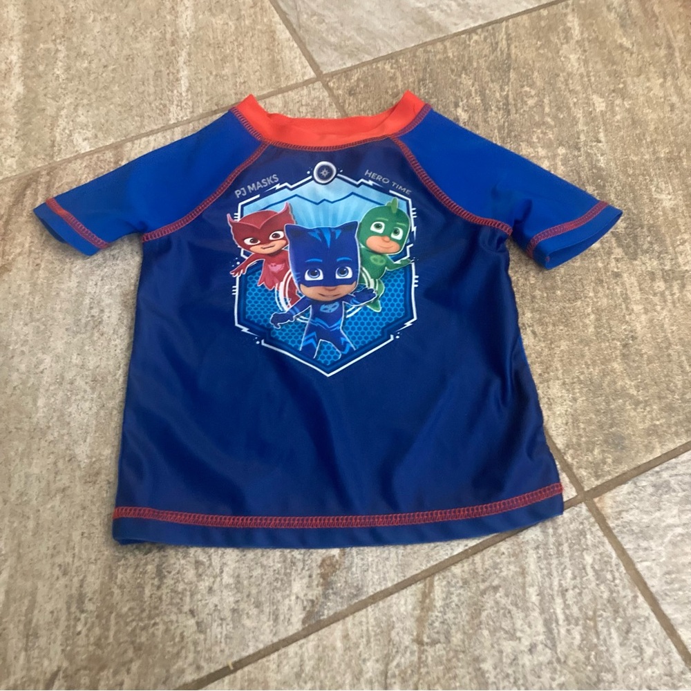 PJ Masks blue with red trim short sleeve rash guard swim top GUC 2T
